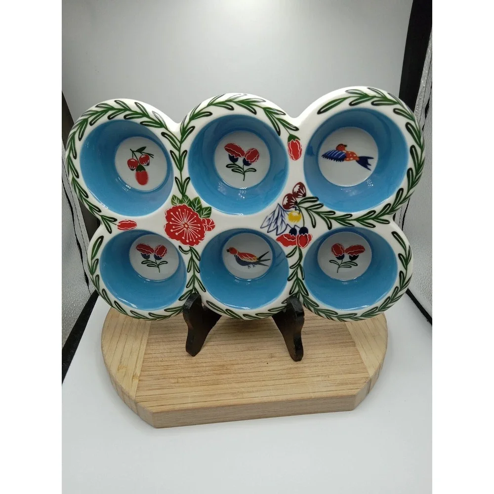 Potter's Studio ceramic painted floral bird‎ blue mult 6 cupcake/muffin bake pan